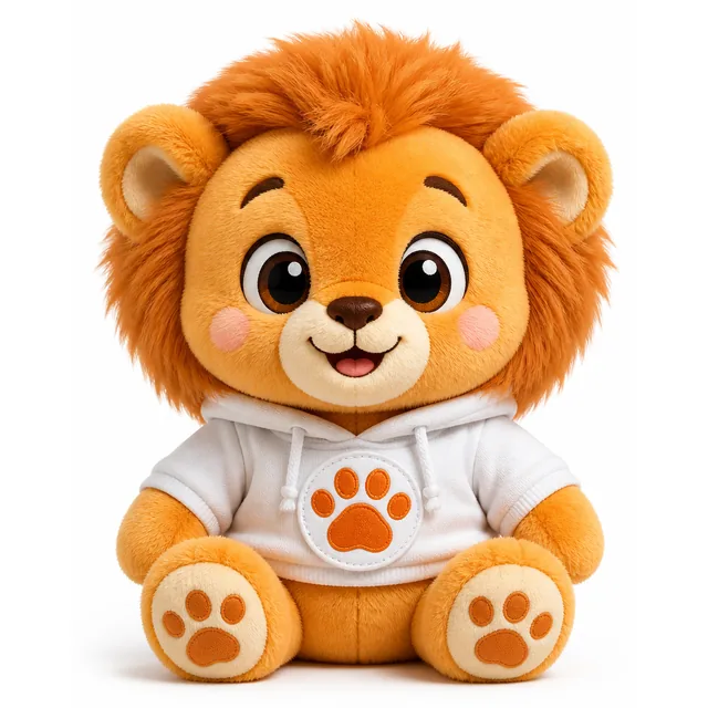 Visualizzazione di concept: mascotte in peluche leoncino con il badge a zampa MascotiQ