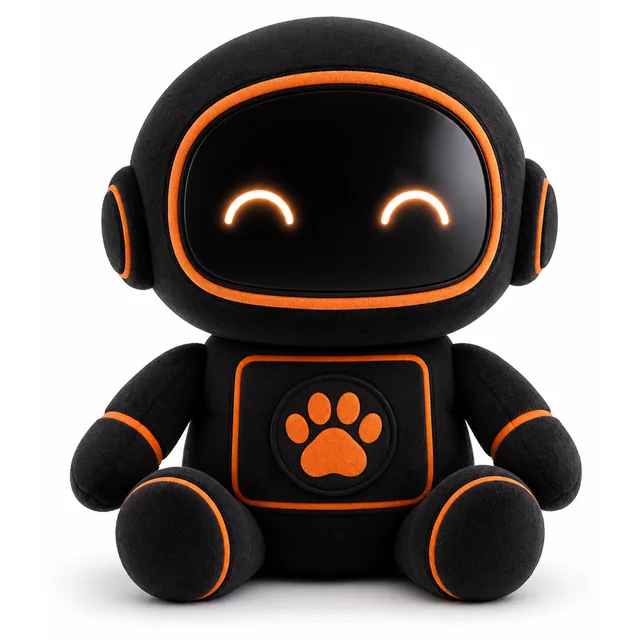 Visualizzazione di concept: mascotte in peluche robot nero con il badge a zampa MascotiQ