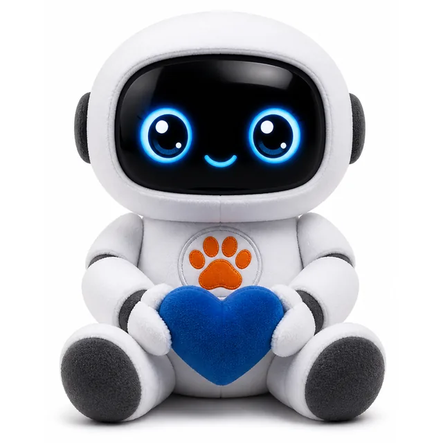 Visualizzazione di concept: mascotte in peluche robot con cuore e il badge a zampa MascotiQ