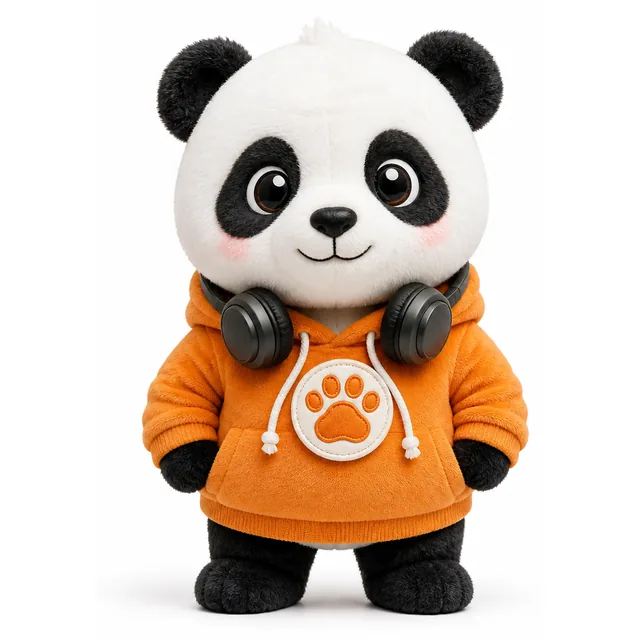 Visualizzazione di concept: mascotte in peluche panda con felpa arancione e il badge a zampa MascotiQ