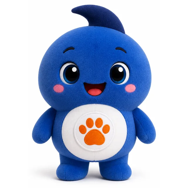 Visualizzazione di concept: mascotte in peluche personaggio blu tondo con il badge a zampa MascotiQ