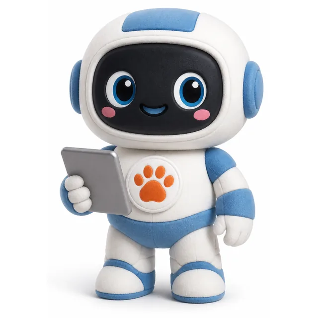 Visualizzazione di concept: mascotte in peluche robot con tablet e il badge a zampa MascotiQ