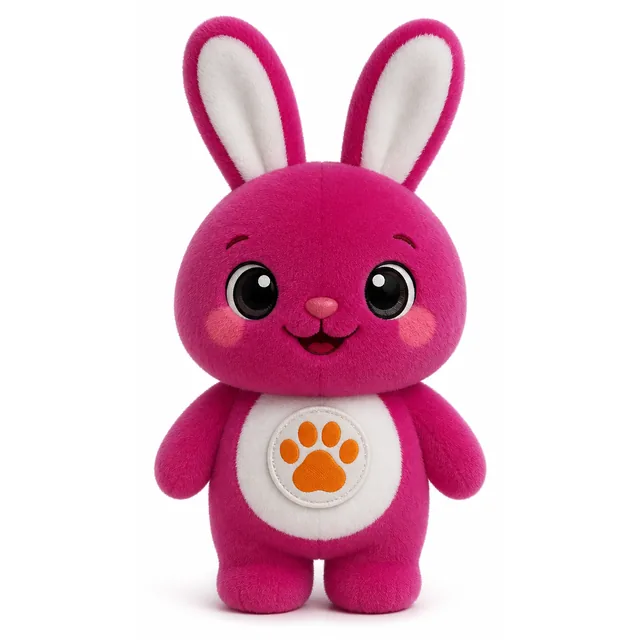 Koncepční vizualizace: plyšový maskot purpurový zajíček s odznakem tlapky MascotiQ